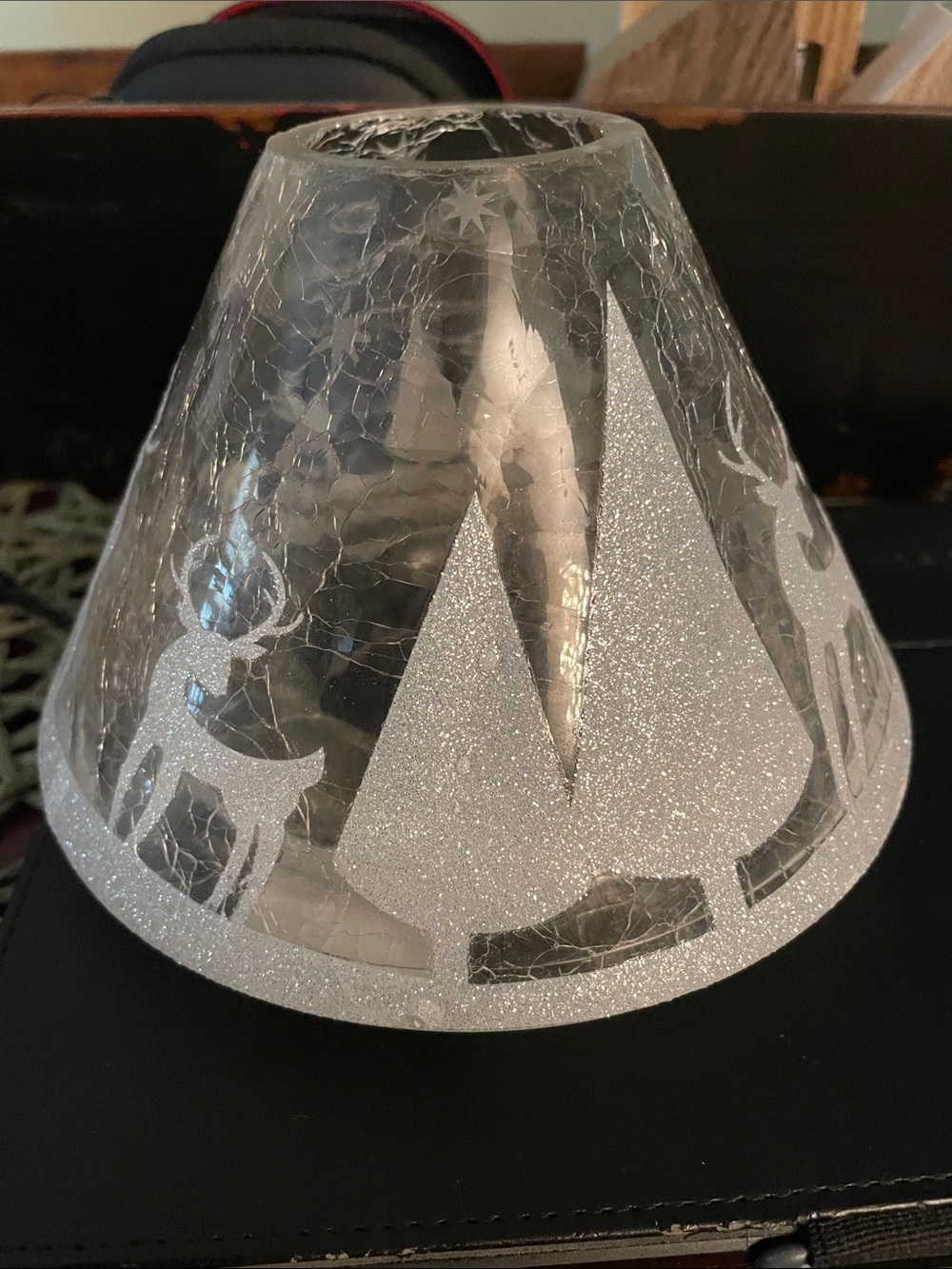 Glittered Silver Holiday Glass Lamp Shade with Reindeer and Trees